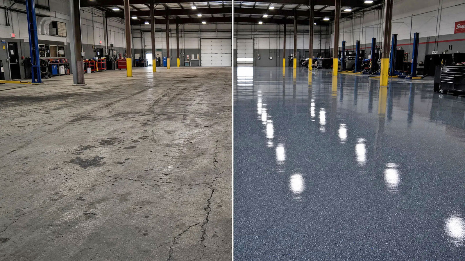 Commercial floor coating before and after — auto shop in Grand Rapids MI