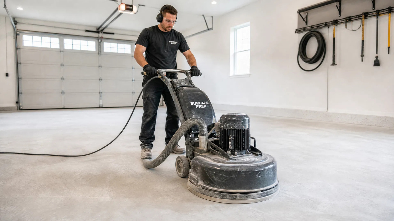 Professional contractor diamond grinding a garage floor before coating installation